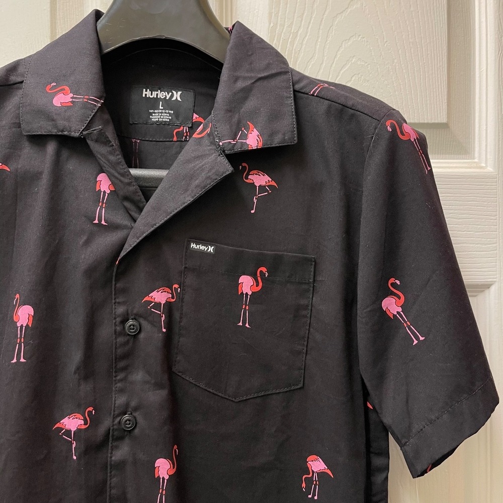 Hurley Boy's Size Large Black Short Sleeve Button Up Shirt Flamingo Print NWT